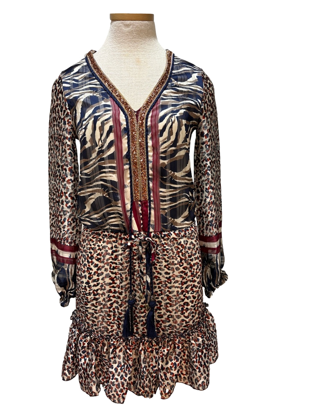 Casting sz XXS. Made in France animal print tiered ruffled dress with beading